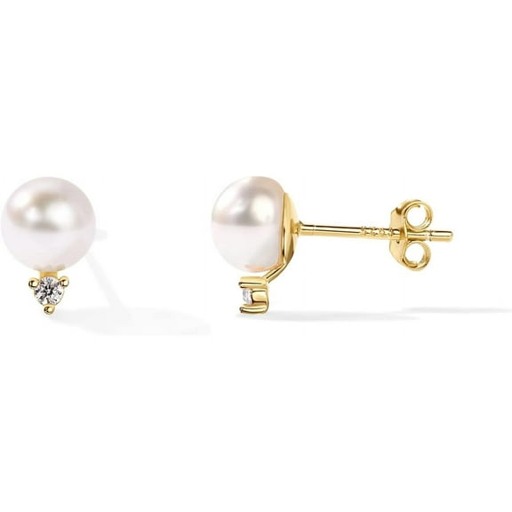 18K Gold Plated 925 Sterling Silver Post Cubic Zirconia | AAA+ Quality Handpicked Freshwater Cultured Stud Button Pearl Earrings