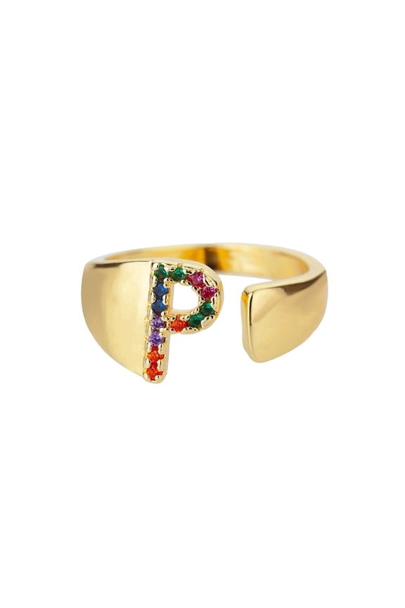 18K Gold Plated Adjustable Letter A-Z Initial Ring Dainty Zirconia Rings for Women