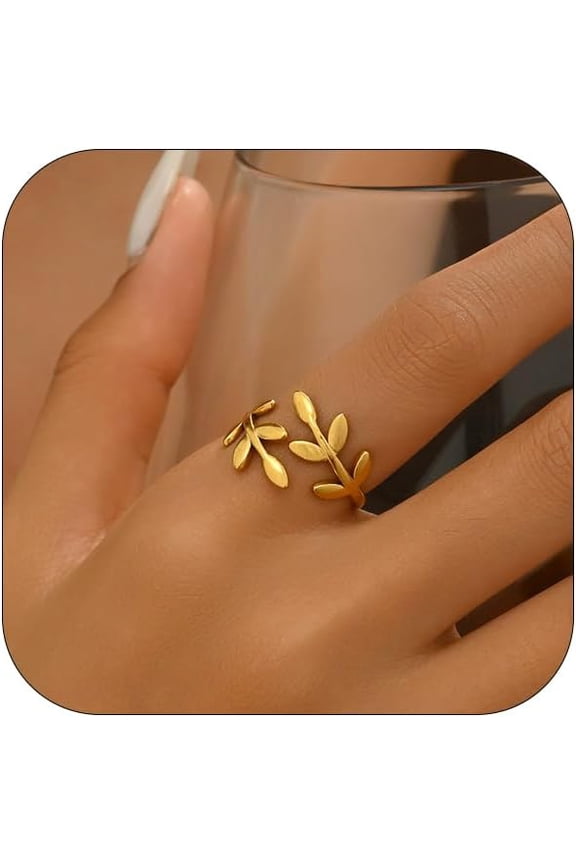 18K Gold Plated Adjustable Rings for Women Dainty Plant Flower Olive Leaf Wrap Ring Trendy Friendship Olive Branch Nature Inspired Jewelry