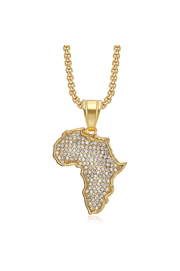 18K Gold Plated African Map Pendant Punk Rock Stainless Steel Necklace, 24 Inch Chain Hip Hop Jewelry Gift for Men Women
