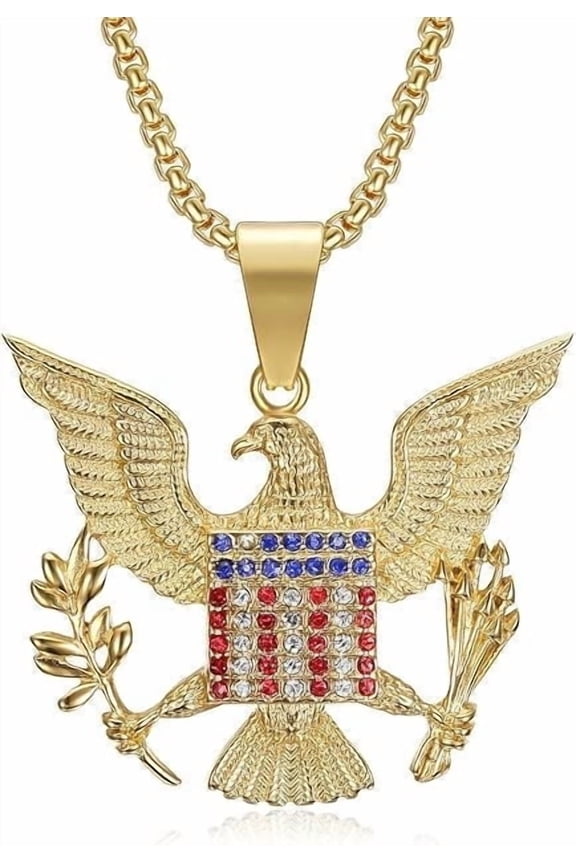 18K Gold Plated American Flag Pendant Punk Rock Stainless Steel Necklace for Men Women, 24 Inch Chain Bald Eagle USA Jewelry Gift