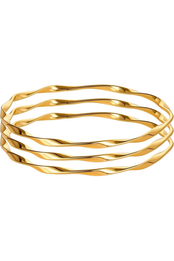 18K Gold Plated Bangles for Women Stainless Steel Glossy Stackable Thin Round Bracelets Solid Plain Polished Bangles Bracelets Set of 3 Jewelry for Women