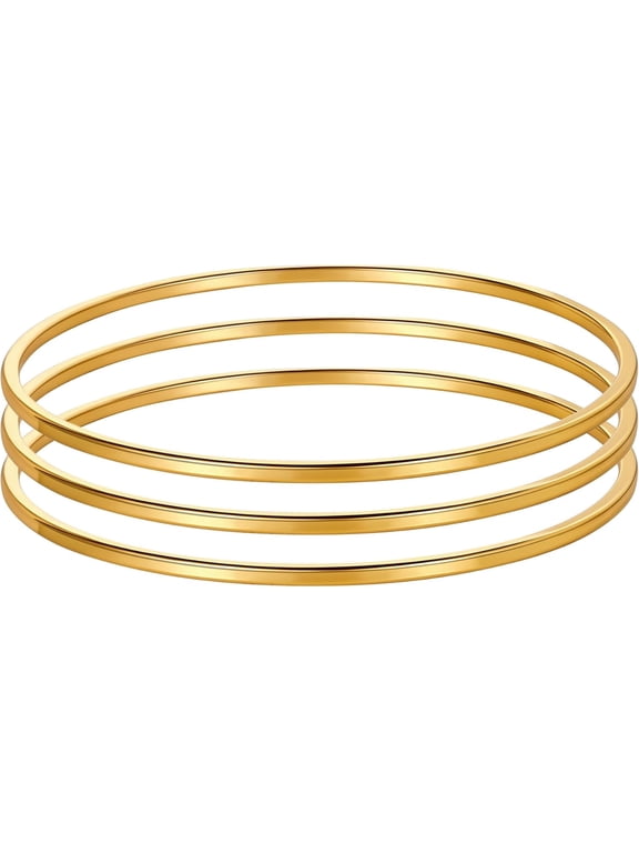 18K Gold Plated Ba1lossy Stackable Thin Round Bracelets Solid Plain Polished Bangles Bracelets Set of 3 Jewelry for Women