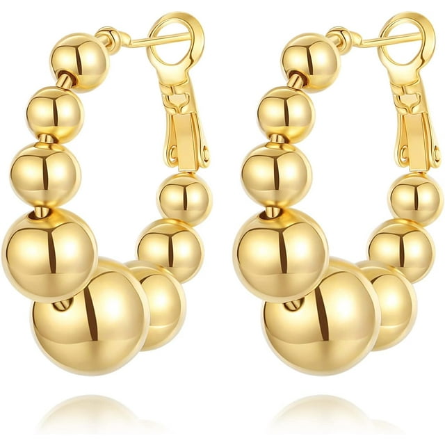 18K Gold Plated Beaded Hoop Earrings for Women, Thick Silver Ball