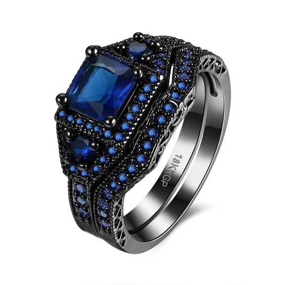 18K Gold Plated Blue Fashion Set Ring AAA Zirconia Women Statement Polished Comfort Fit Size 7 B322