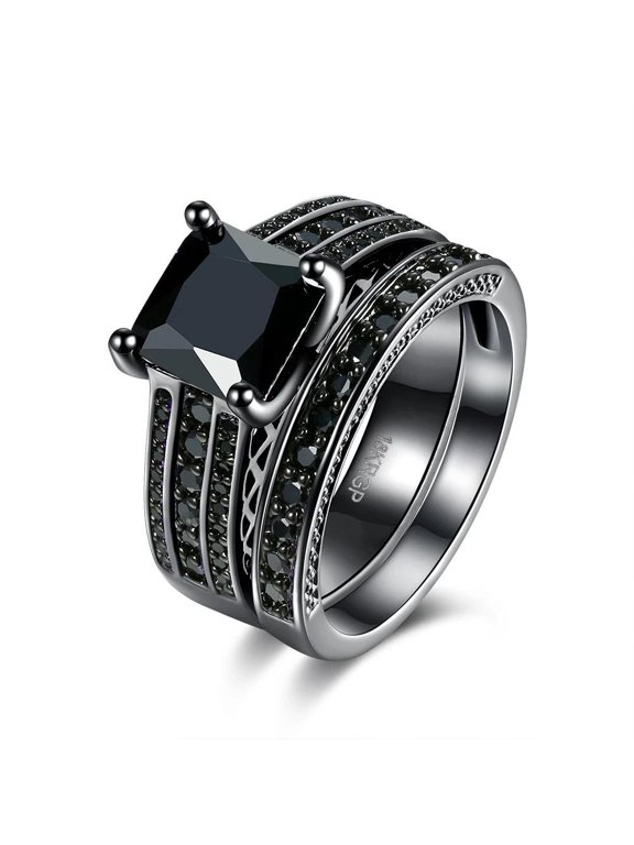 Ring Black Cubic Zirconia Polished Black Tone Square Statement Size 7 B325