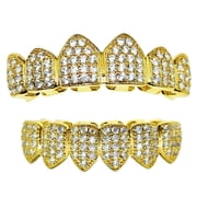 18K Gold Plated Bling Grillz Set CZ Upper Top And Bottom Lower Teeth Cubic Zirconia Hip Hop Grills