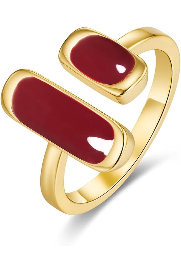18K Gold Plated Burgundy Red Enamel Square Rectangular Stackable Adjustable Open Ring for Women, Bohemian Irregular Textured Vintage Birthday Beach Gift