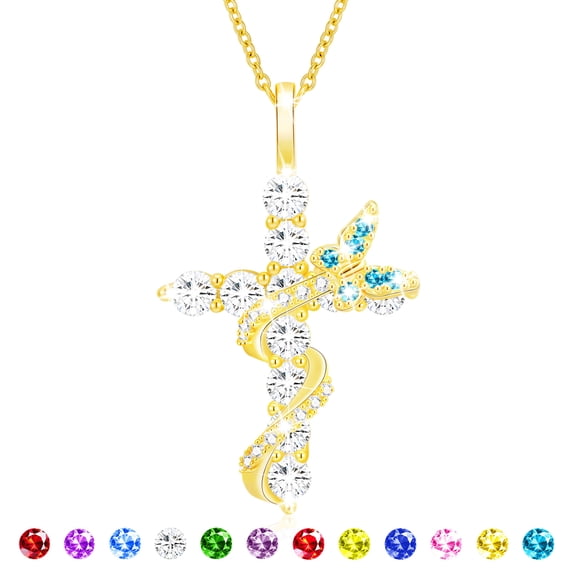 APSVO 18K Gold Plated Butterfly Cross Necklaces for Women Girls December Birthstone Pendant Chain with Blue Tanzanite Birthday First Communion Graduation Mothers Day Jewelry Gifts Teen Her Mom Kids