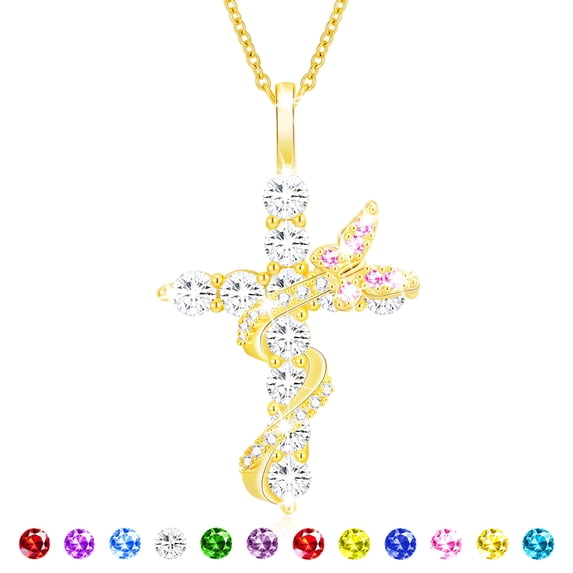 APSVO 18K Gold Plated Butterfly Cross Necklaces for Women Girls Octorber Birthstone Pendant Chain with Pink Tourmaline Birthday First Communion Graduation Mothers Day Jewelry Gifts Teen Her Mom Kids