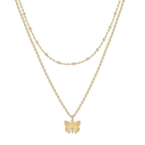 18K Gold Plated Butterfly & Heart Layered Bead Necklace, Handmade Dainty Multi-Layer Choker Long Pendant Jewelry for Women