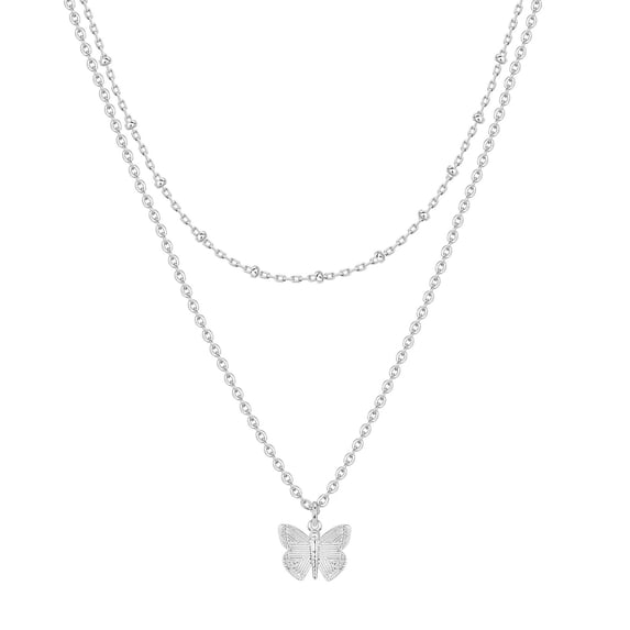 18K Gold Plated Butterfly & Heart Layered Bead Necklace, Handmade Dainty Multi-Layer Choker Long Pendant Jewelry for Women