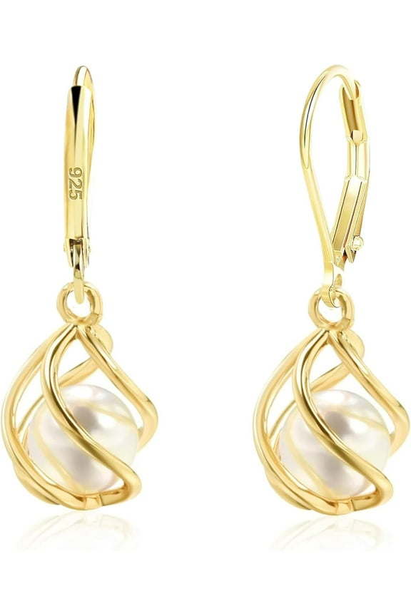 18K Gold Plated Caged Pearl Dangle Drop Earrings for Women Lightweight Leverback Dangling Teardrop Earrings Minimalist Jewelry Gift for Her