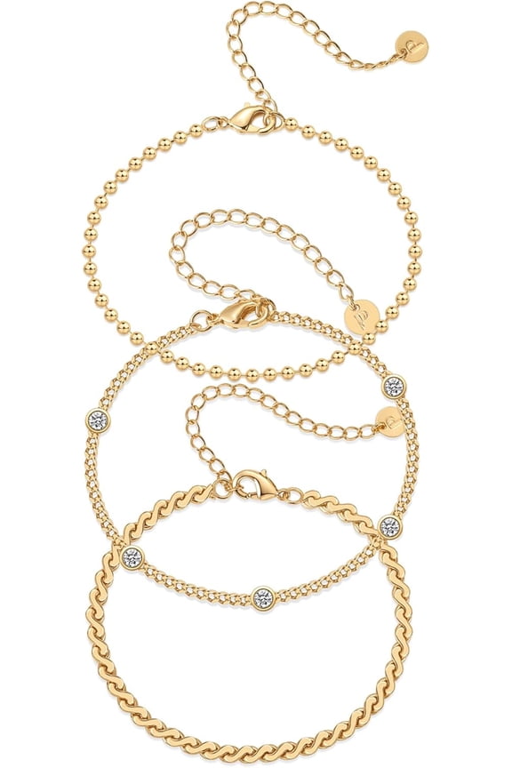 18K Gold Plated Chain Bracelet Pack for Women,Jewelry Set of 5 Stackable Bracelets Paperclip Snake Rope Figaro Beaded Chains