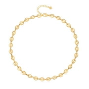AOBEI PEARL 18K Gold Plated Chain Choker for Women Minimalist Puffed Anchor Mariners Link Coffee Bean Chain Necklace Handmade Flat Pig Nose Jewelry for Unisex Adults 16”+2”
