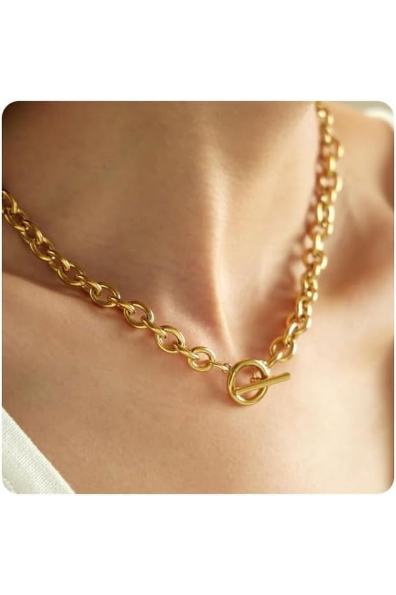 18K Gold Plated Chunky Chain Necklace For Women Thick Cuban Curb Chain Green Gemstone Pendant Toggle Necklace Dainty Layering Gold Chain Trendy Jewelry[Z386]