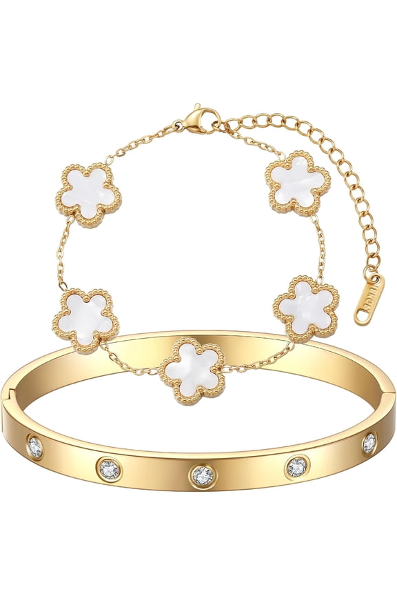 18K Gold Plated Clover Bracelet Love bangle Set for Women - Stack Friendship Bracelet Lucky Link Bracelets Jewelry Gifts Trendy for Women