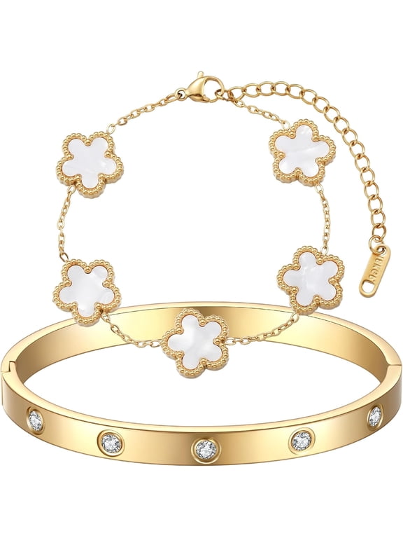 18K Gold Plated Clover Bracelet Love bangle Set for Women - Stack Friendship Bracelet Lucky Link Bracelets Jewelry Gifts Trendy for Women