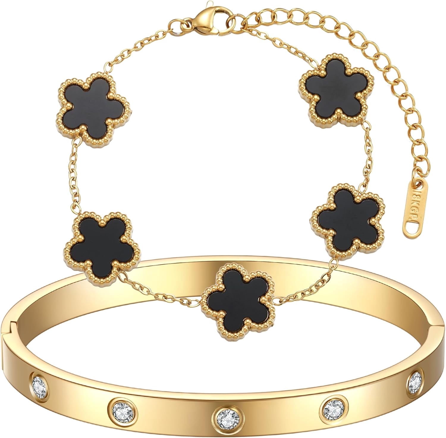 ♡lovely♡ 18K Gold Plated Clover Bracelet Love bangle Set for Women - Stack