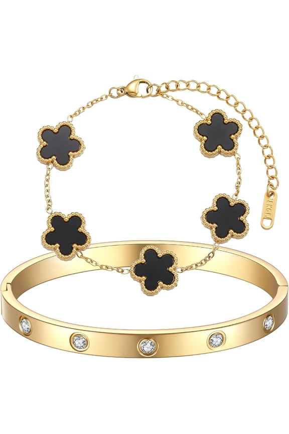 18K Gold Plated Clover Bracelet Love bangle Set for Women - Stack Friendship Bracelet Lucky Link Bracelets Jewelry Gifts Trendy for Women