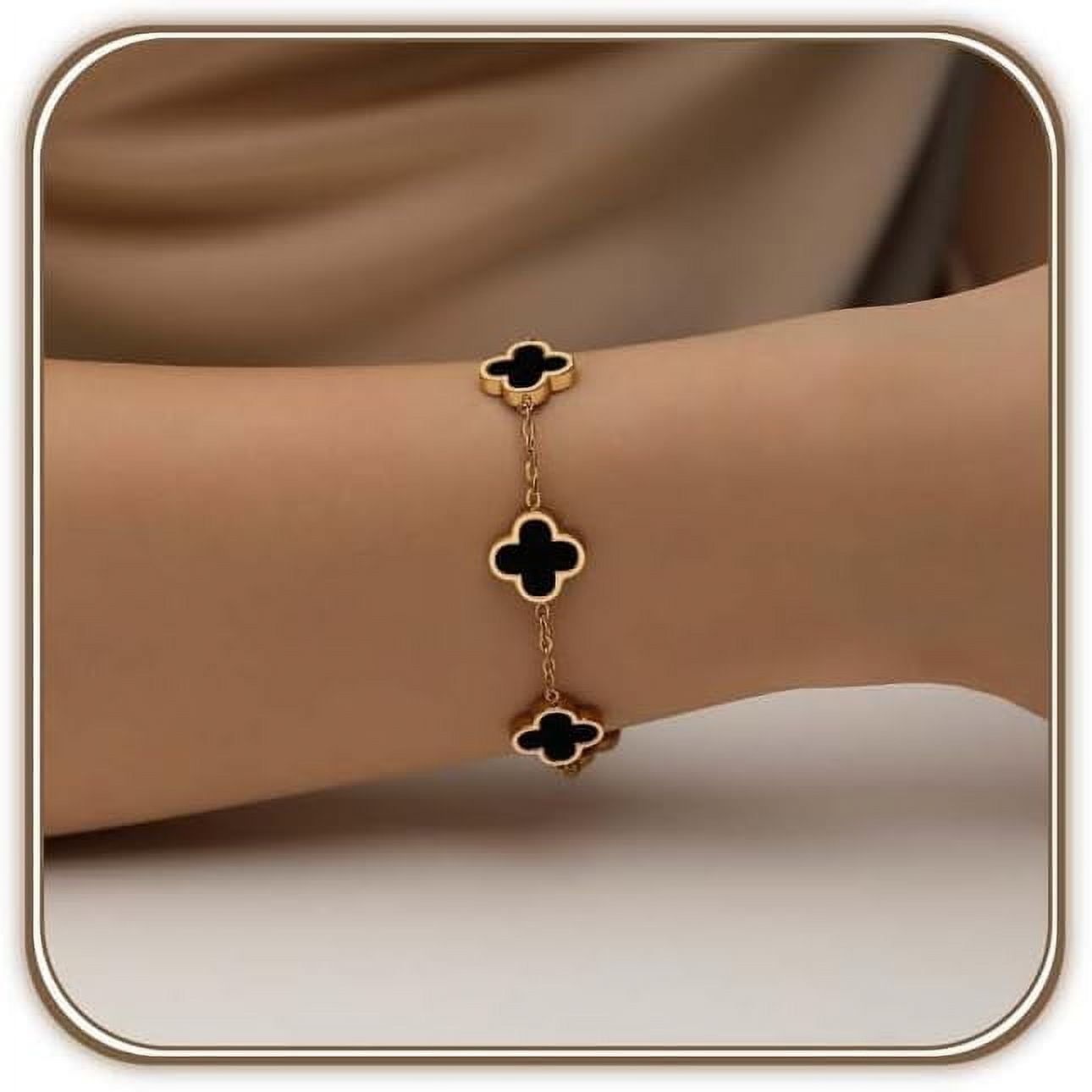 18K Gold Plated Clover Bracelet Set for Women White/Black/Gold/Silver/Green/Pink Adjustable Link Double-Sided Lucky Bracelets Trendy Bracelets Set Jewelry Gifts for Women Men