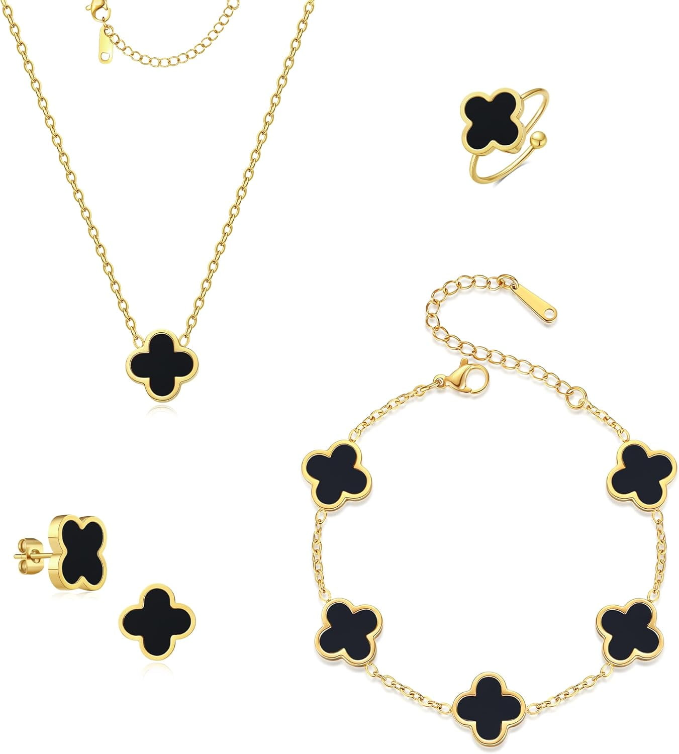 18K Gold Plated Clover Bracelet Set for Women White/Black/Gold/Silver/Green/Pink Adjustable Link Double-Sided Lucky Bracelets Trendy Bracelets Set Jewelry Gifts for Women Men
