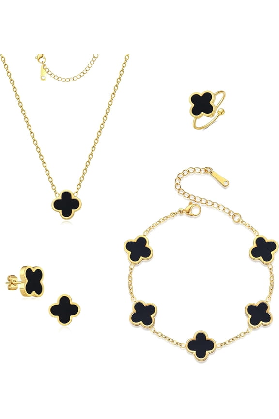 18K Gold Plated Clover Bracelet Set for Women White/Black/Gold/Silver/Green/Pink Adjustable Link Double-Sided Lucky Bracelets Trendy Bracelets Set Jewelry Gifts for Women Men
