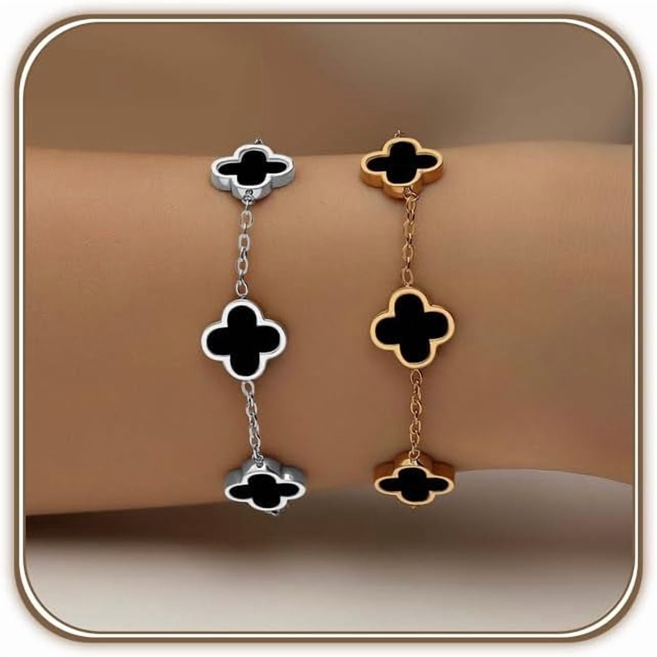 18K Gold Plated Clover Bracelet Set for Women White/Black/Gold/Silver/Green/Pink Adjustable Link Double-Sided Lucky Bracelets Trendy Bracelets Set Jewelry Gifts for Women Men