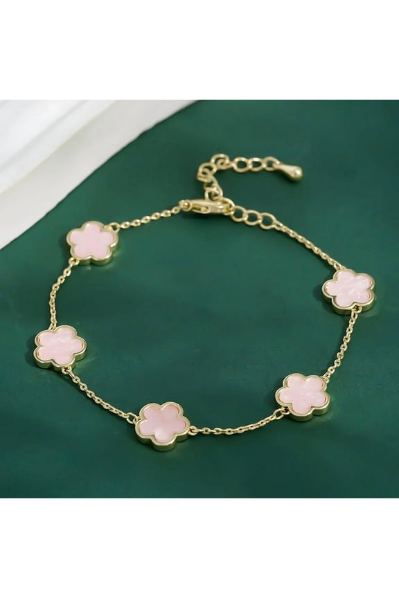 Gold Plated Clover Bracelet, Titanium Steel, Pink Acrylic, 1 Pack