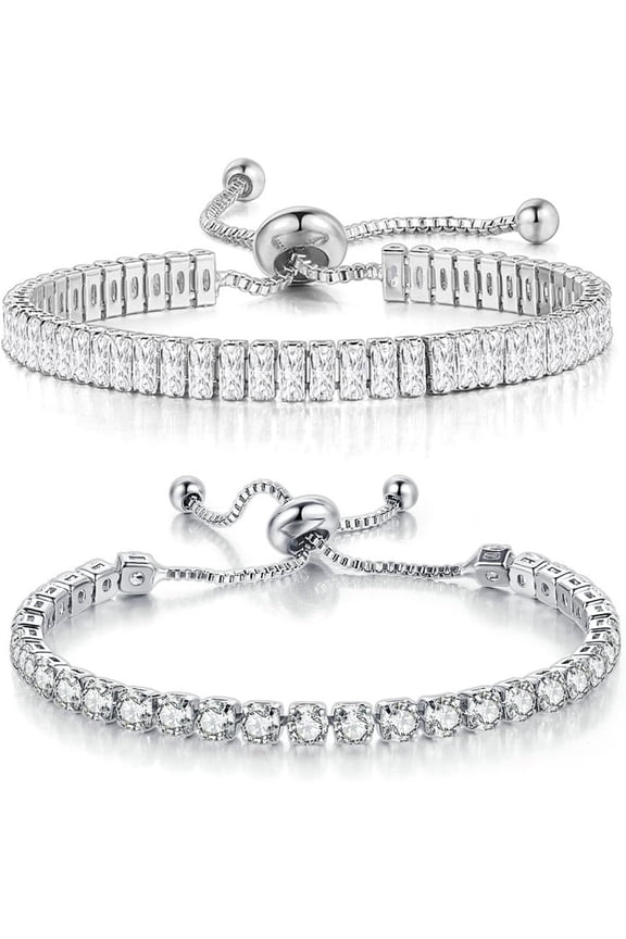 18K Gold Plated Colorful 2Pcs Sparkling Cuban Zirconia Tennis Slider Ice Out Link Chain Adjustable Bracelets Set Birthday Valentine's Day Jewelry for Women