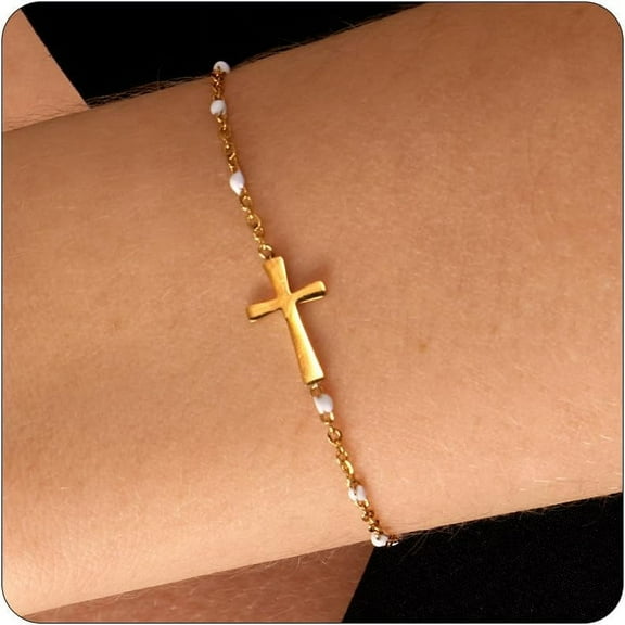 18K Gold Plated Cross Bracelet for Women Dainty Gold Bead Cross Bracelet for Girls Adjustable Simple Link Chain Bracelets Faith Confirmation Jewelry Gifts
