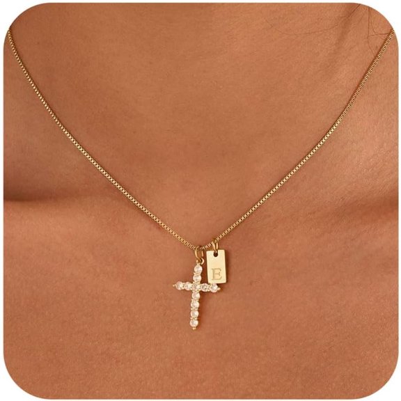 18K Gold Plated Cross Initial Necklace for Women Non Tarnish Dainty Gold Cubic Zirconia Cross Letter A-Z Pendant Necklaces Jewelry Christian Faith Birthday Gifts for Mom Teens Women[t0404]