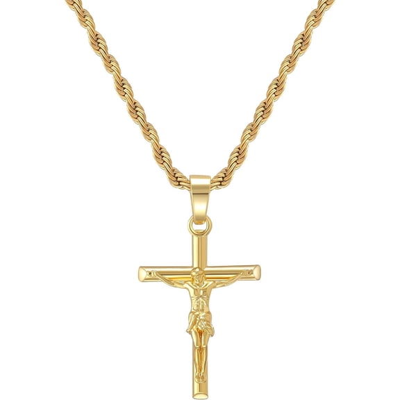 18K Gold Plated Crucifix Cross Necklace for Men, Cross Pendant with 3mm 23" Rope Chain Jewelry