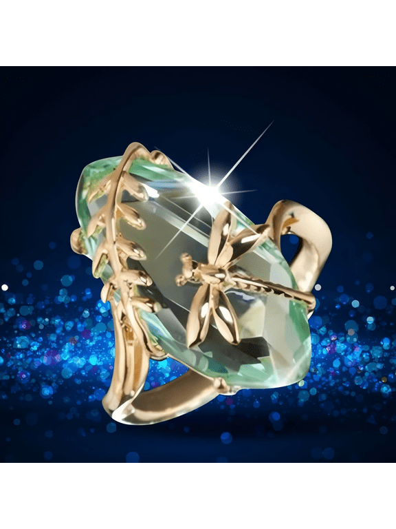 18K Gold Plated Crystal Dragonfly Ring Dainty Eye Shape Cocktail Party Statement Ring for Women Green-Size 10
