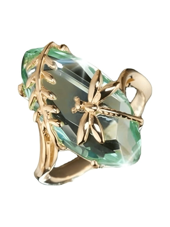 18K Gold Plated Crystal Dragonfly Ring Dainty Eye Shape Cocktail Party Statement Ring for Women Green-Size 6