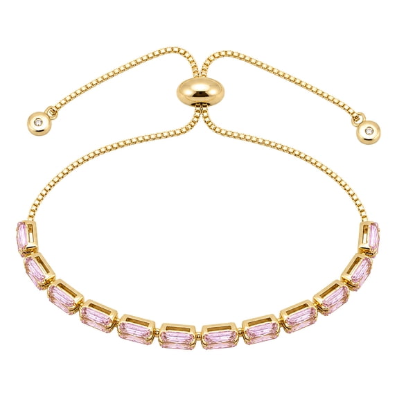 Gold-Tone Cubic Zirconia Rectangle Micro Pave Smooth Slider Bracelet Pink T120
