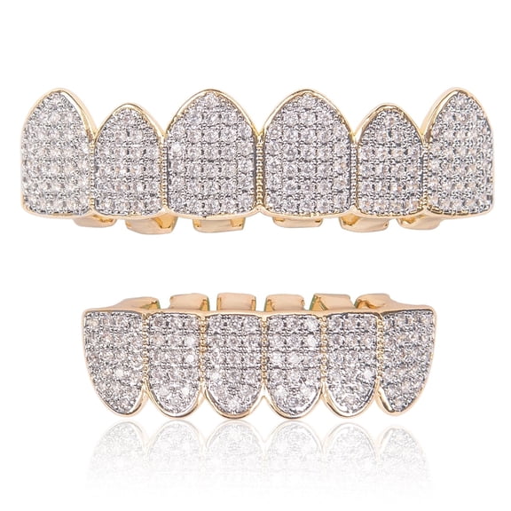 18K Gold Plated Diamond Hip Hop Teeth Grillz Top Bottom Mouth Grill Set Custom