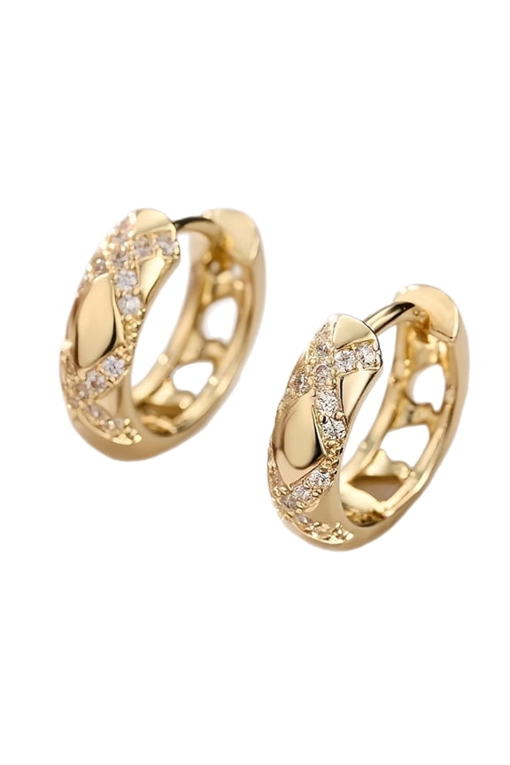 18K Gold Plated Diamond Simulant Huggie Earrings, Quilted Pattern CZ Paved Small Hoops, Elegant Bridal Prom Jewelry for Her