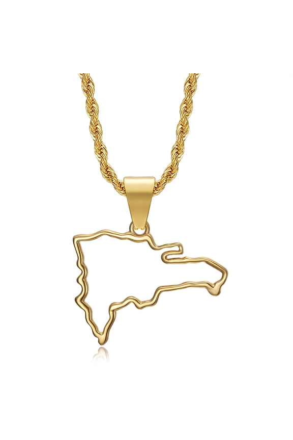 18K Gold Plated Dominican Republic Flag Map Pendant Punk Rock Stainless Steel Necklace, 24 Inch Chain Hip Hop Jewelry Gift for Men Women