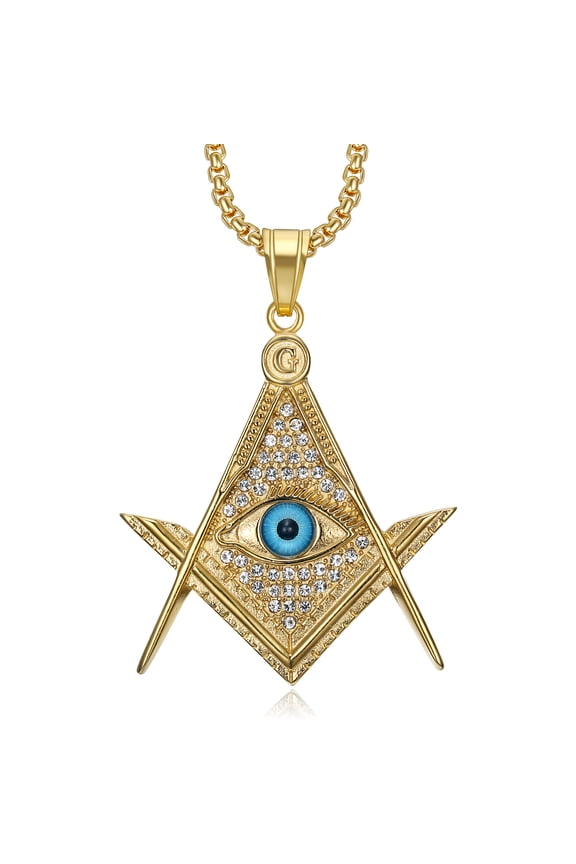 18K Gold Plated Eye of Horus Freemason Symbol Egypt Pendant Stainless Steel Necklace for Men Women, 24 Inch Chain Masonic Blue Evil Eye Jewelry Gift