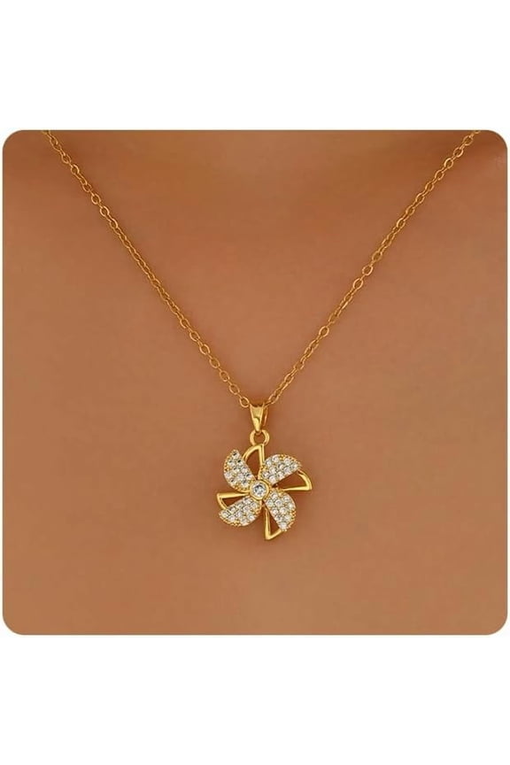 18K Gold Plated Fidget Pendant Necklaces for Women Dainty Cubic Zirconia Crystal Daisy Flower Windmill Heart Gold Rotating Necklace Cat Eye Stone Spinner Pendant Anxiety Necklace Jewelry