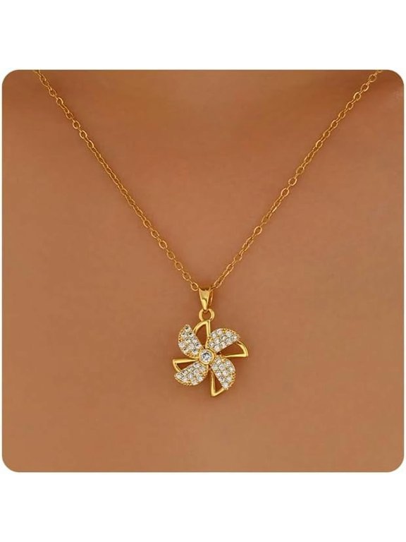 18K Gold Plated Fidget Pendant Necklaces for Women Dainty Cubic Zirconia Crystal Daisy Flower Windmill Heart Gold Rotating Necklace Cat Eye Stone Spinner Pendant Anxiety Necklace Jewelry