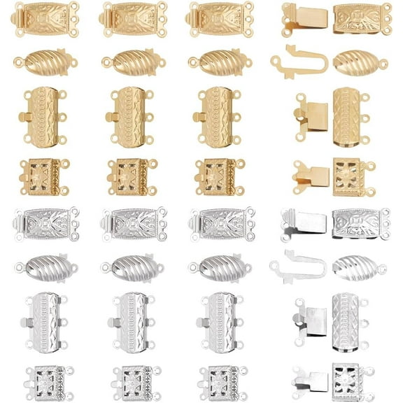 18K Gold Plated Filigree Pearl Clasps 32 Sets Stainless Steel Multi-Strand Box Clasps for DIY Layered Necklaces Bracelet Jewelry Making 4 Sizes