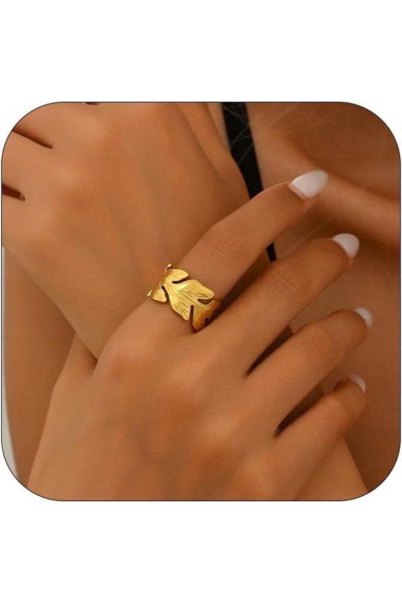 18K Gold Plated Flower Leaf Style Open Ring for Women Stainless Steel Dainty Stackable Ring Non Tarnish Minimalist Trendy Jewelry