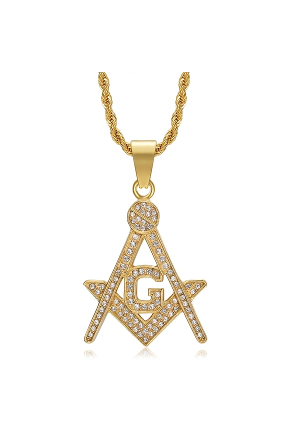 18K Gold Plated Freemason Symbol Pendant Stainless Steel Necklace for Men, 24 inch Chain Masonic Hip Hop Jewelry Gift