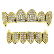 18K Gold Plated Grillz Set Fang CZ Bling Upper Top And Bottom Lower Plain Teeth Cubic Zirconia Hip Hop Vampire Grills