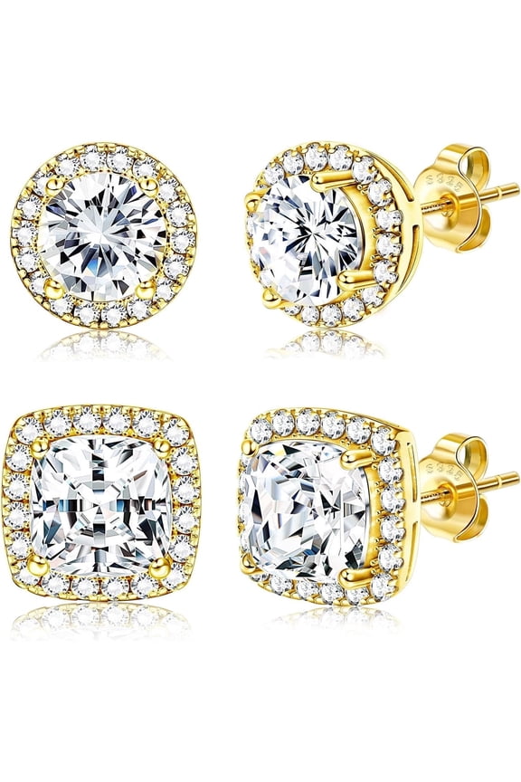 18K Gold Plated Halo Stud Earrings Gold Cubic Zirconia Stud Earrings Round Square Diamonique Stud Earrings Set for Women Men