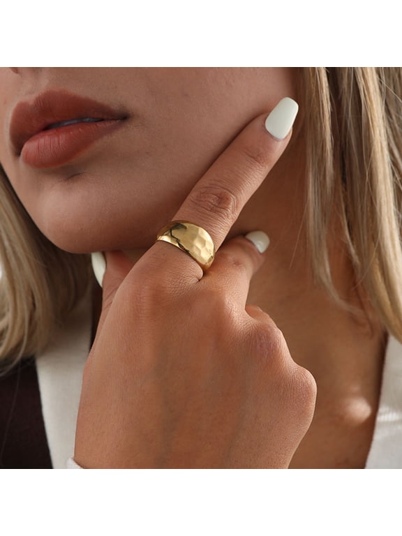 18K Gold Plated Hammered Dome Ring for Women, Chunky Gold Signet Statement Ring, Waterproof Hypoallergenic Fashion Jewelry Gift