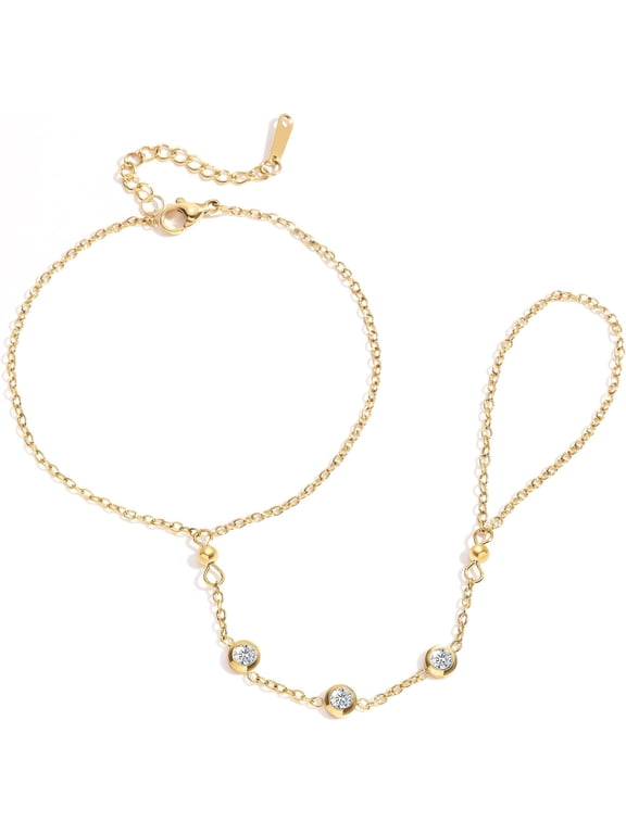 18K Gold Plated Hand Chain Bracelet for Women, Dainty Adjustable Finger Ring Bracelets Stainless Steel Non-Tarnish Trendy Stackable Jewelry Gift