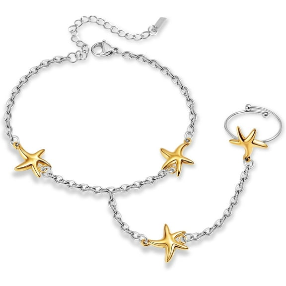 18K Gold Plated Hand Chain Bracelet for Women, Dainty Adjustable Finger Ring Bracelets Stainless Steel Non-Tarnish Trendy Stackable Jewelry Gift